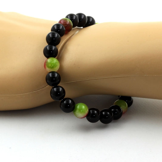 Tourmaline melon d'eau + Agate noire. Bracelet en Perles naturelles