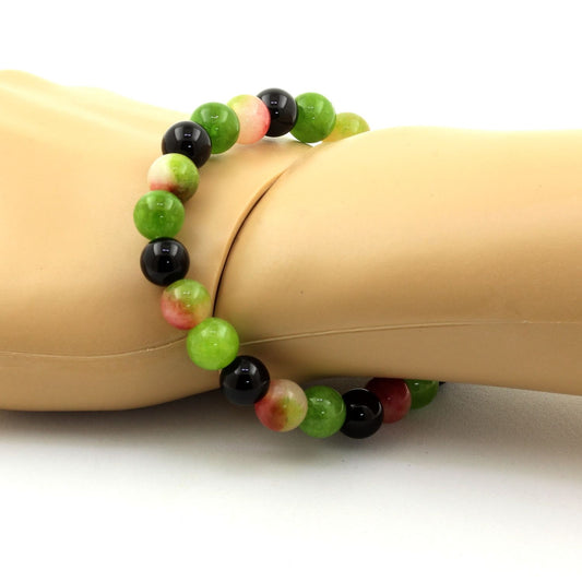 Tourmaline melon d'eau + Agate noire + Péridot. Bracelet Perles naturelles