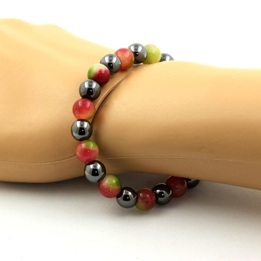 Tourmaline melon d'eau + Hématite. Bracelet Perles naturelles