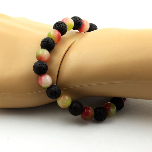 Tourmaline melon d'eau + Lave. Bracelet Perles naturelles