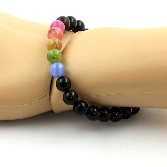 Tourmaline multicolore + Agate noire. Bracelet Perles naturelles