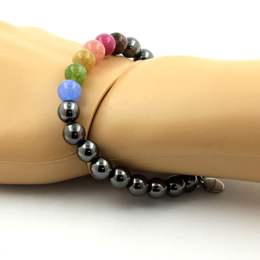 Tourmaline multicolore + Hématite. Bracelet Perles naturelles