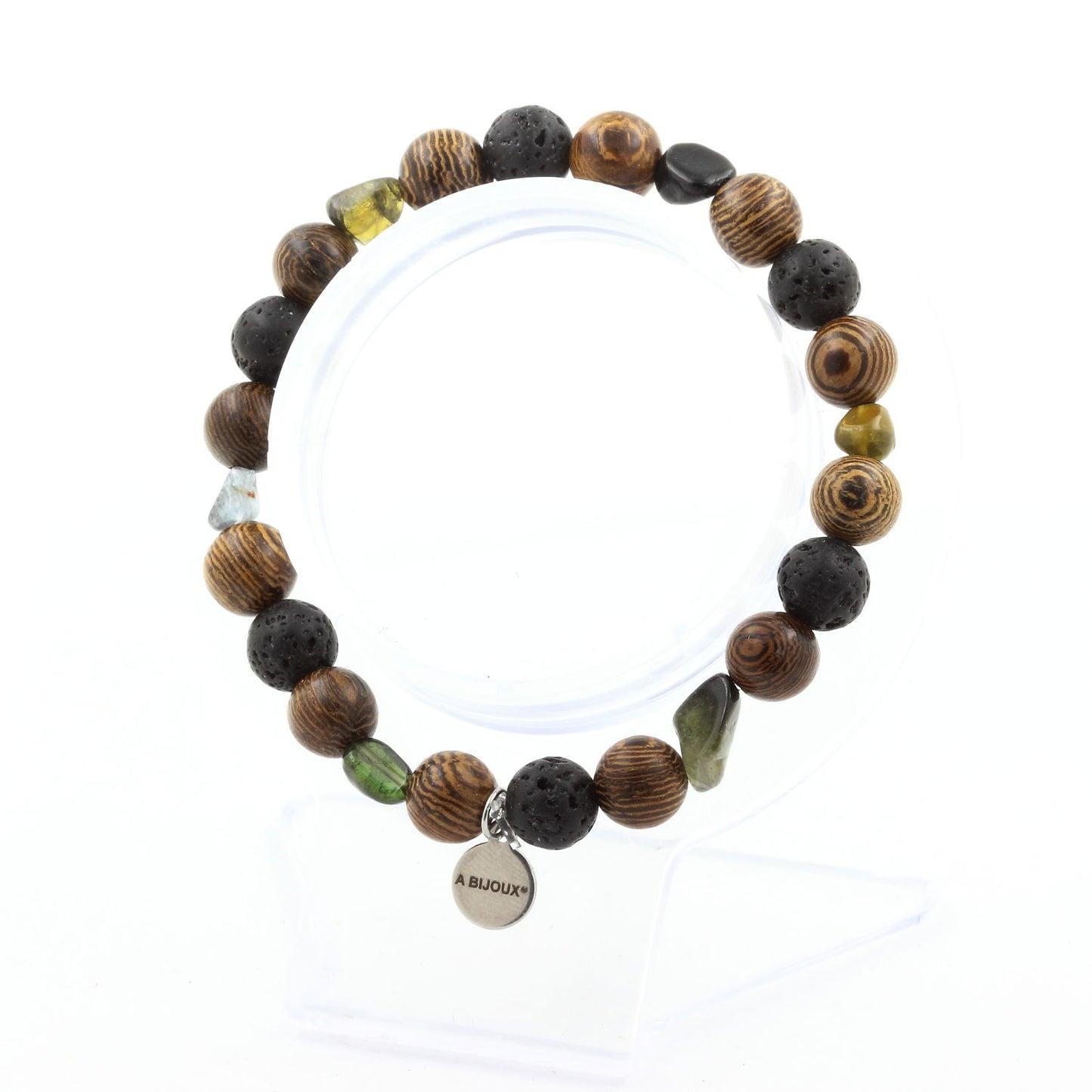 Tourmaline multicolore du Brésil + Perles Lave + bois. Bracelet en Perles naturelles