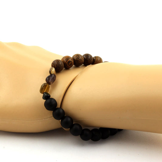 Tourmaline multicolore du Brésil + Perles Onyx noir mat + bois. Bracelet en Perles naturelles