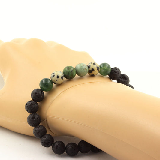 Turquoise Africaine + Agate mousse + Jaspe Dalmatien + Lave. Bracelet Perles naturelles