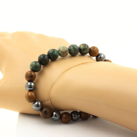 Turquoise Africaine + Hématite + bois. Bracelet en Perles naturelles