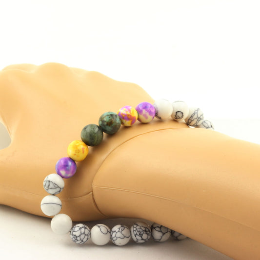 Turquoise Africaine + Jaspe violet bleu + Jaspe jaune violet + Howlite. Bracelet Perles naturelles