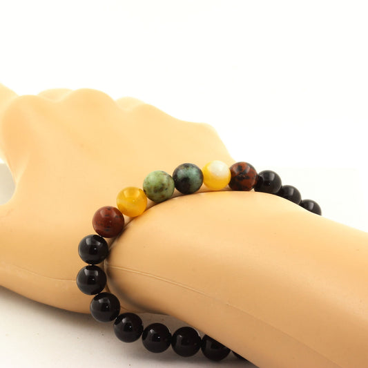 Turquoise Africaine + Obsidienne Mahogany + Sardonyx jaune + Agate noire. Bracelet Perles naturelles