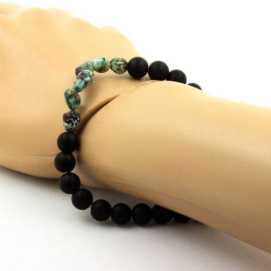 Turquoise Africaine + Perles Onyx noir mat. Bracelet Perles