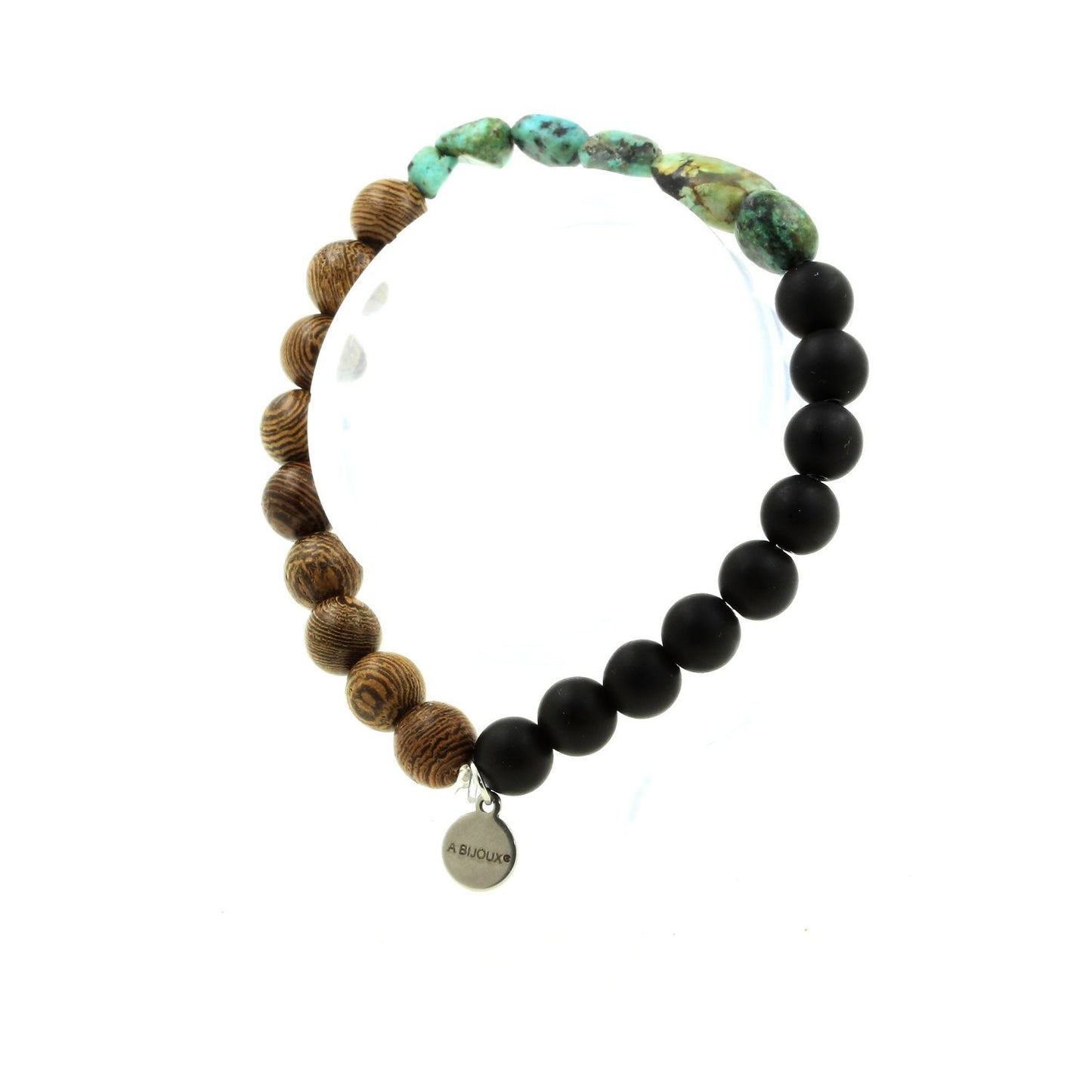 Turquoise Africaine d'Afrique + Perles Onyx noir mat + bois. Bracelet en Perles naturelles