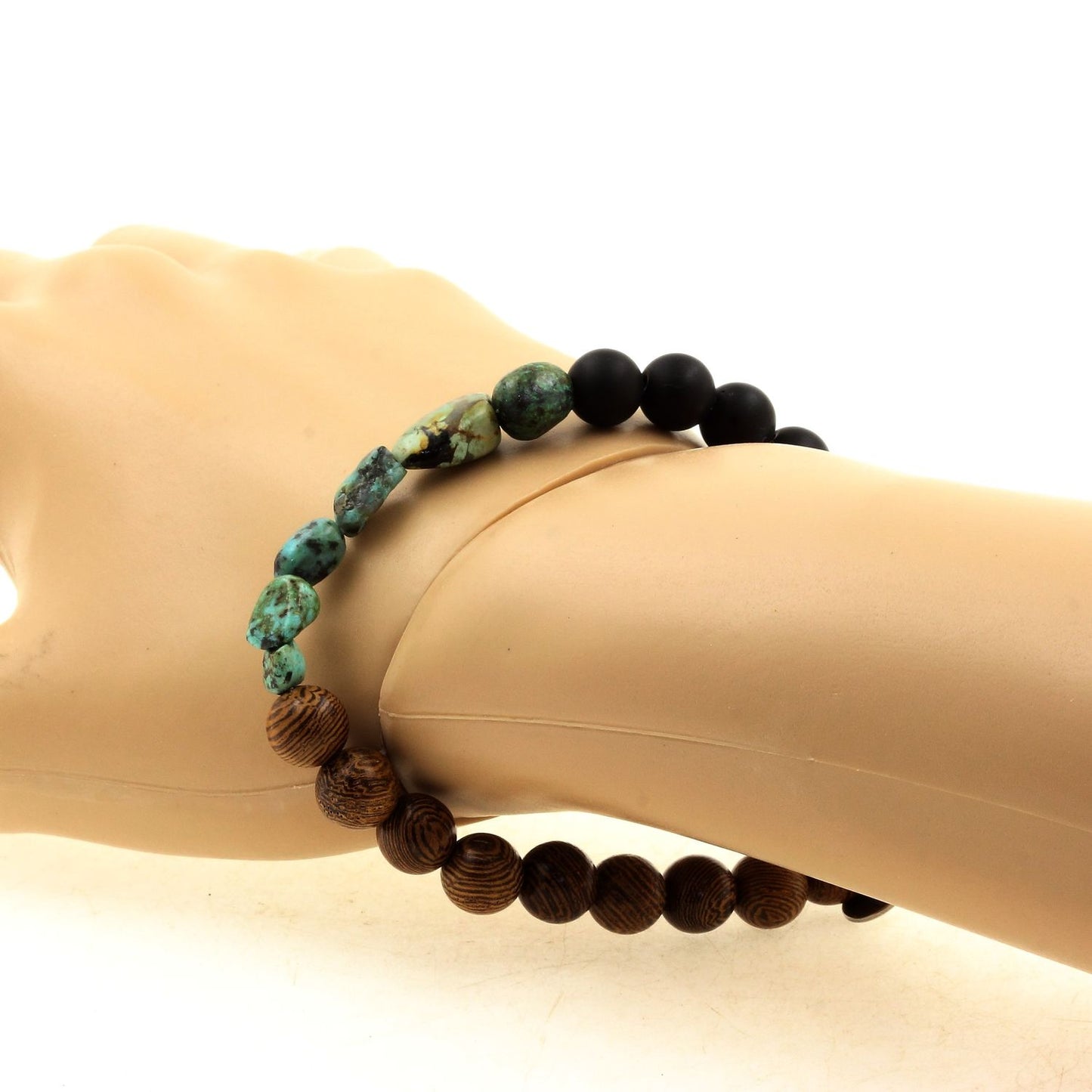 Turquoise Africaine d'Afrique + Perles Onyx noir mat + bois. Bracelet en Perles naturelles