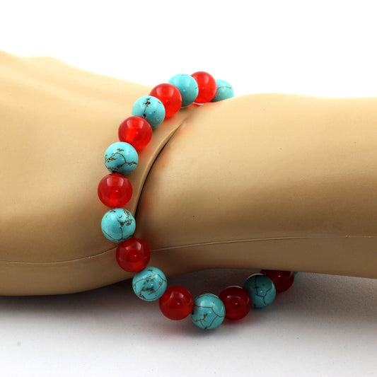 Turquoise + Calcédoine rouge. Bracelet Perles naturelles