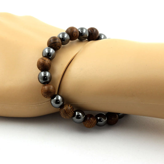 bois + Hématite. Bracelet Perles naturelles