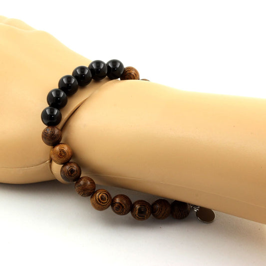 bois + Tourmaline Schorl du Brésil. Bracelet en Perles naturelles