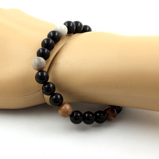 bois pétrifié + Agate noire. Bracelet Perles naturelles