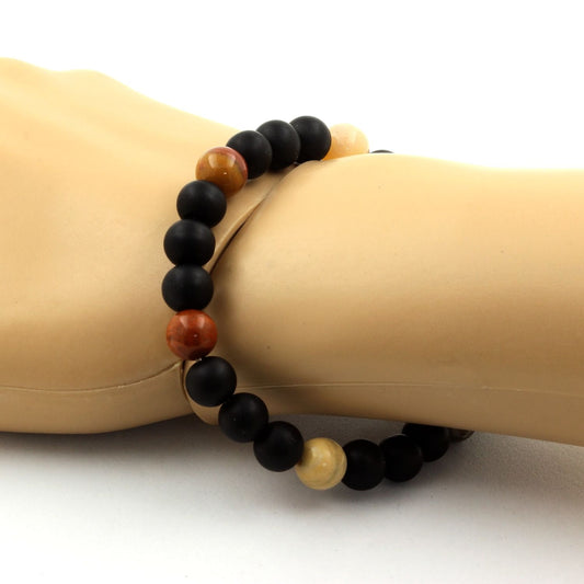 bois pétrifié + Onyx noir mat. Bracelet Perles naturelles