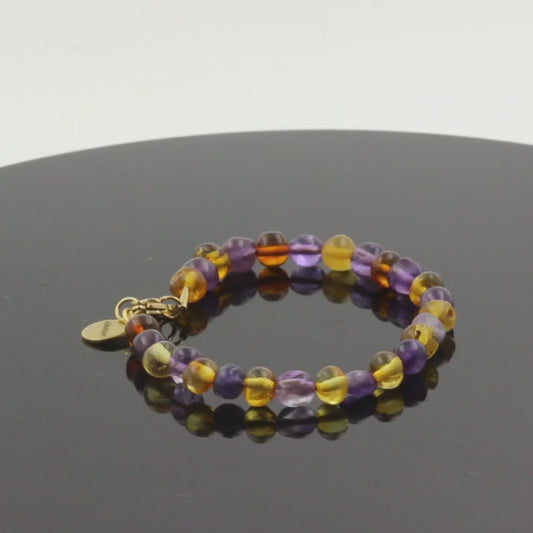Bracelet en acier doré inoxydable Perles Ambre véritable de la mer Baltique 5 mm-6 mm Améthyste du Brésil de forme libre 5 mm-8 mm